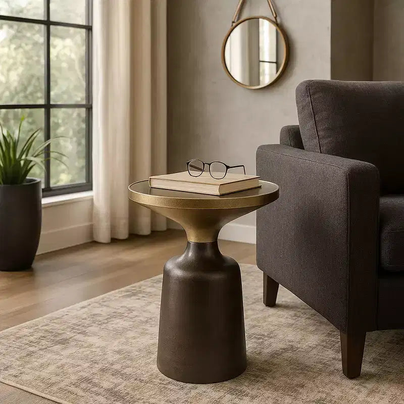 Marble Top Metal Accent Table - Round Side Table for Living Room, Bedroom & Small Spaces