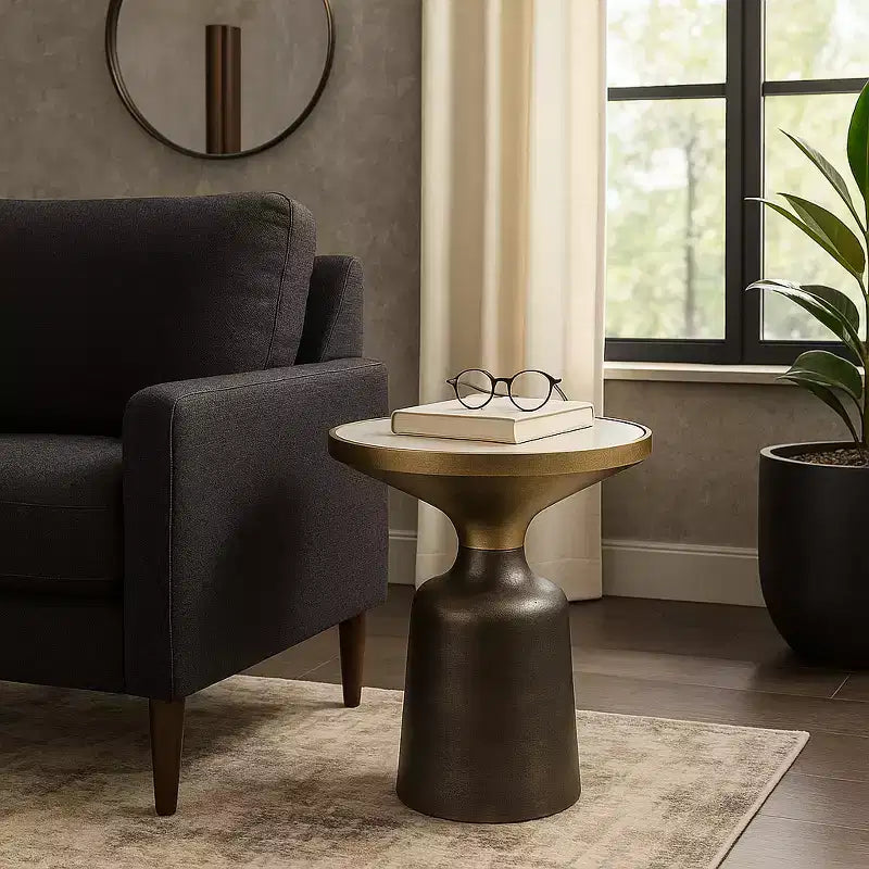 Marble Top Metal Accent Table - Round Side Table for Living Room, Bedroom & Small Spaces