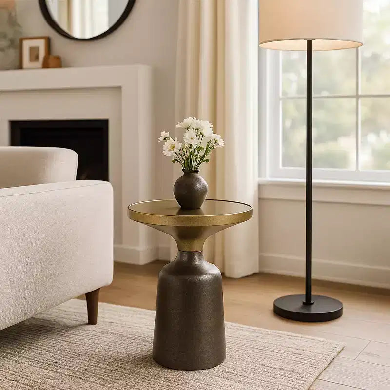 Marble Top Metal Accent Table - Round Side Table for Living Room, Bedroom & Small Spaces
