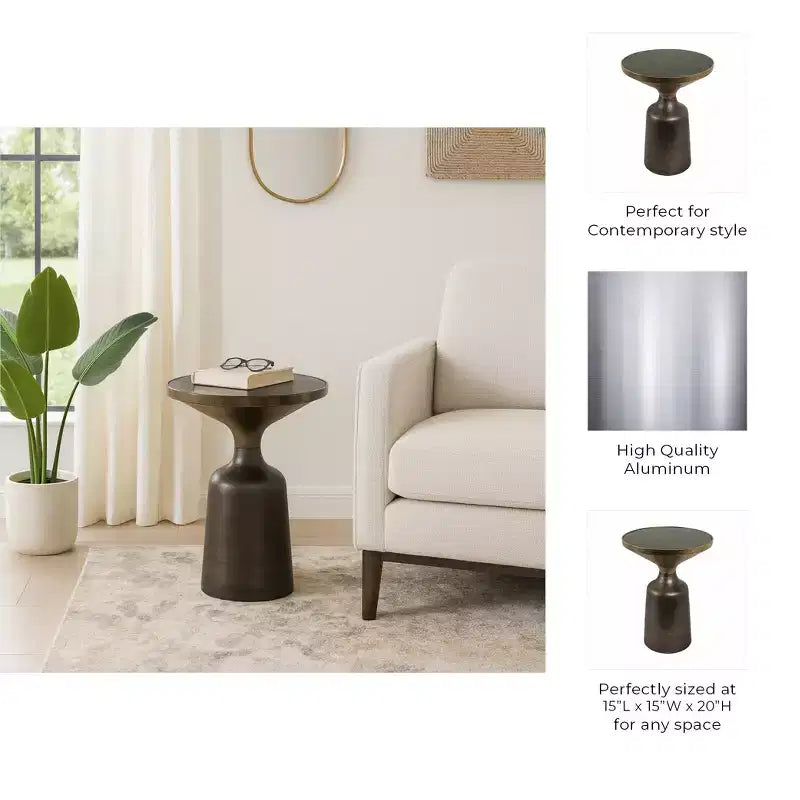 Marble Top Metal Accent Table - Round Side Table for Living Room, Bedroom & Small Spaces