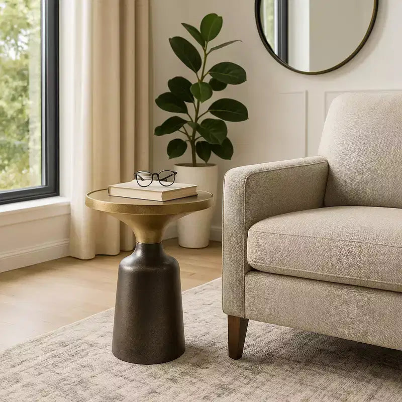 Marble Top Metal Accent Table - Round Side Table for Living Room, Bedroom & Small Spaces