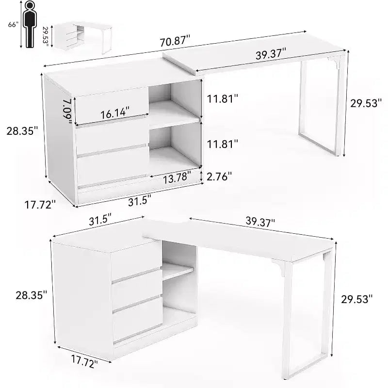 70-Inch L-Shaped Computer Desk with Drawers and Storage