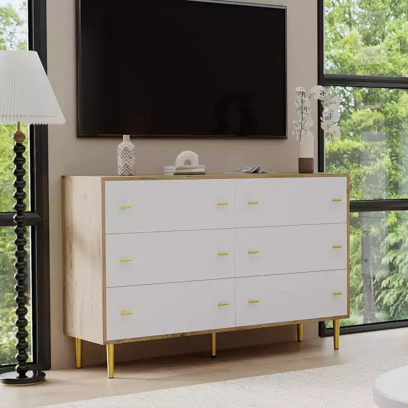 Farmhouse 6-Drawer Dresser, 47.2" Wide Rustic Wood Chest of Drawers with Bar Handles