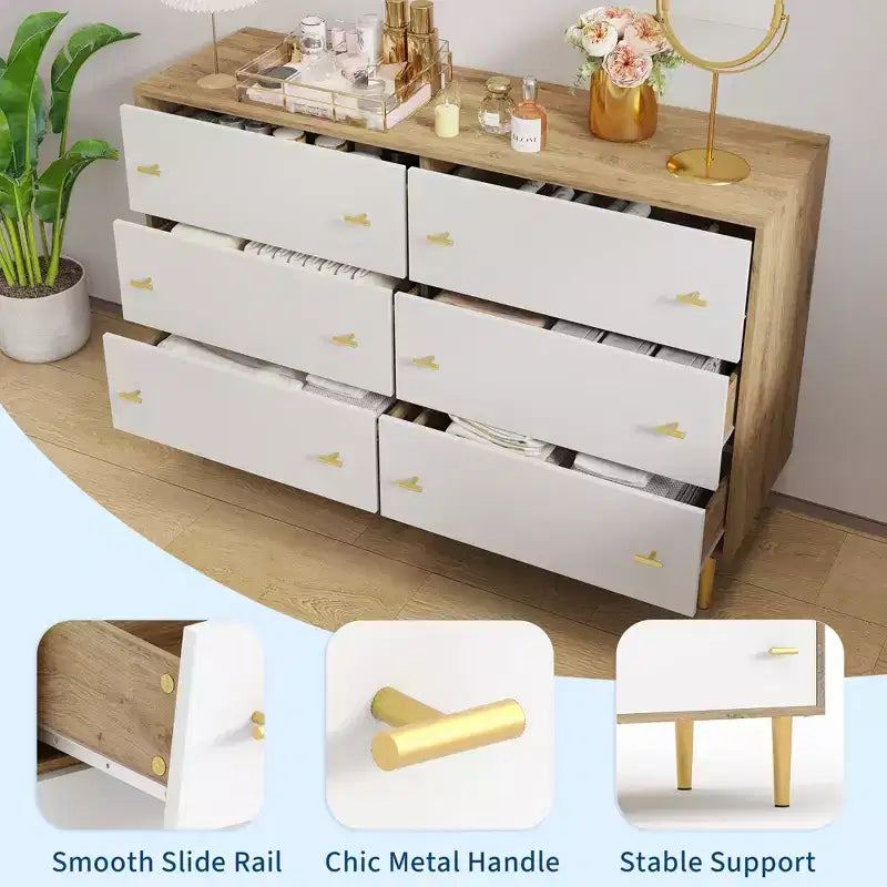 Farmhouse 6-Drawer Dresser, 47.2" Wide Rustic Wood Chest of Drawers with Bar Handles