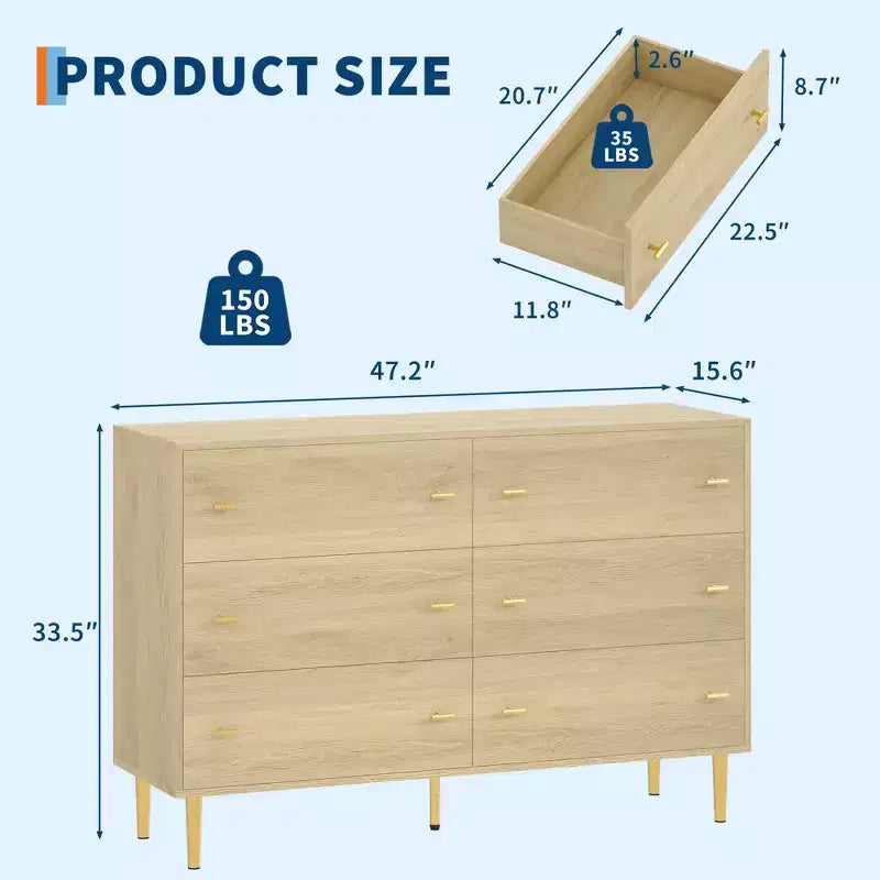 Farmhouse 6-Drawer Dresser, 47.2" Wide Rustic Wood Chest of Drawers with Bar Handles