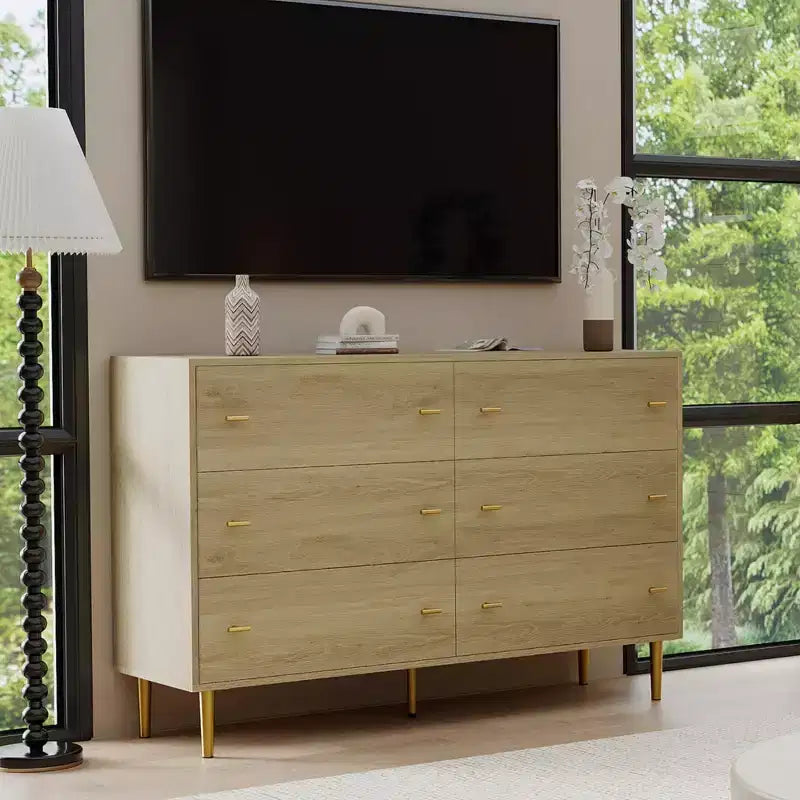 Farmhouse 6-Drawer Dresser, 47.2" Wide Rustic Wood Chest of Drawers with Bar Handles