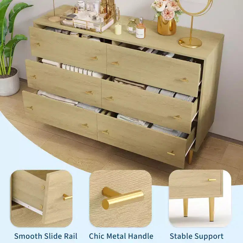 Farmhouse 6-Drawer Dresser, 47.2" Wide Rustic Wood Chest of Drawers with Bar Handles