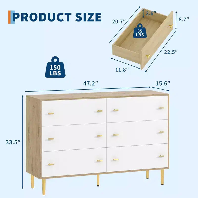 Farmhouse 6-Drawer Dresser, 47.2" Wide Rustic Wood Chest of Drawers with Bar Handles