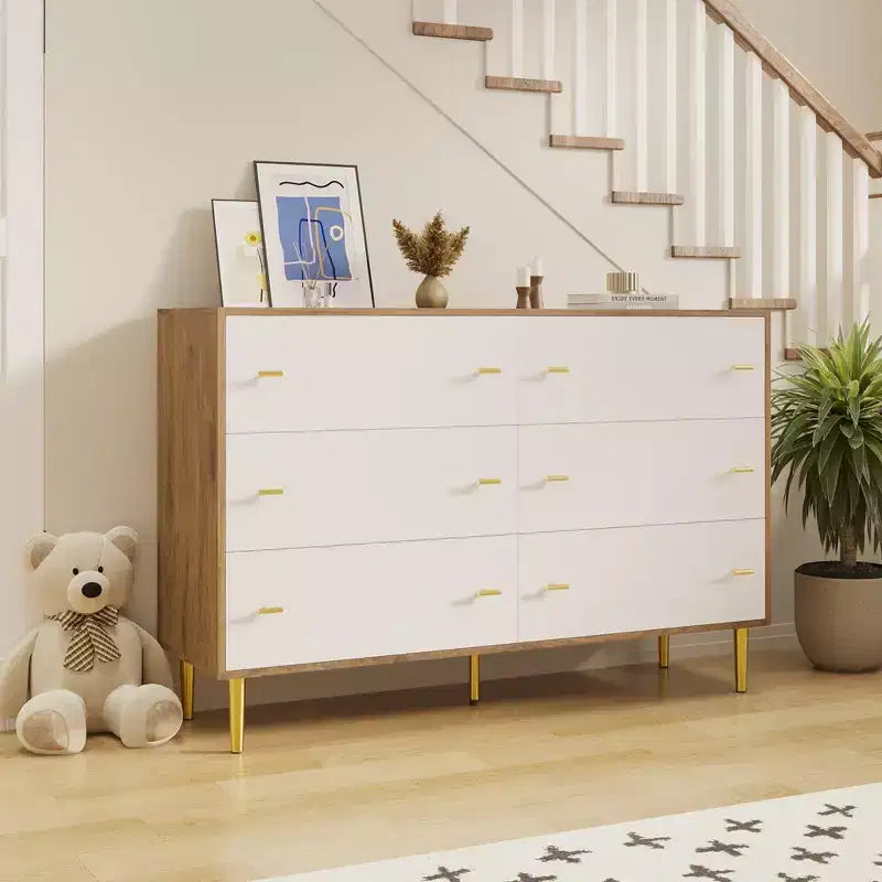 Farmhouse 6-Drawer Dresser, 47.2" Wide Rustic Wood Chest of Drawers with Bar Handles
