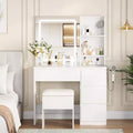 Vanity Desk with Mirror and Lights - Modern Makeup Dressing Table with Outlets, Storage Stool, LED Vanity Mirror, Vanities for Bedroom