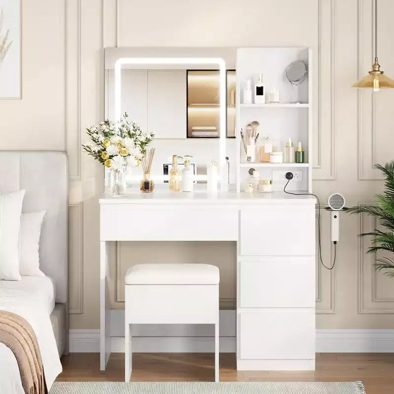 Vanity Desk with Mirror and Lights - Modern Makeup Dressing Table with Outlets, Storage Stool, LED Vanity Mirror, Vanities for Bedroom