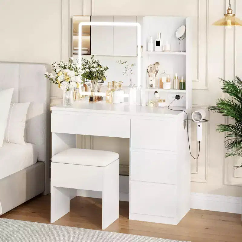 Vanity Desk with Mirror and Lights - Modern Makeup Dressing Table with Outlets, Storage Stool, LED Vanity Mirror, Vanities for Bedroom