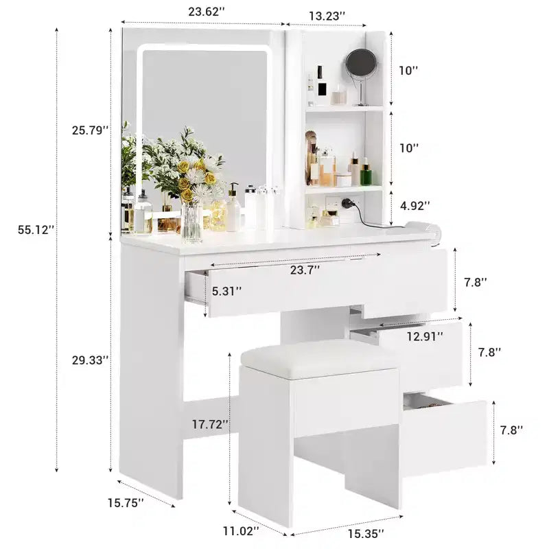 Vanity Desk with Mirror and Lights - Modern Makeup Dressing Table with Outlets, Storage Stool, LED Vanity Mirror, Vanities for Bedroom