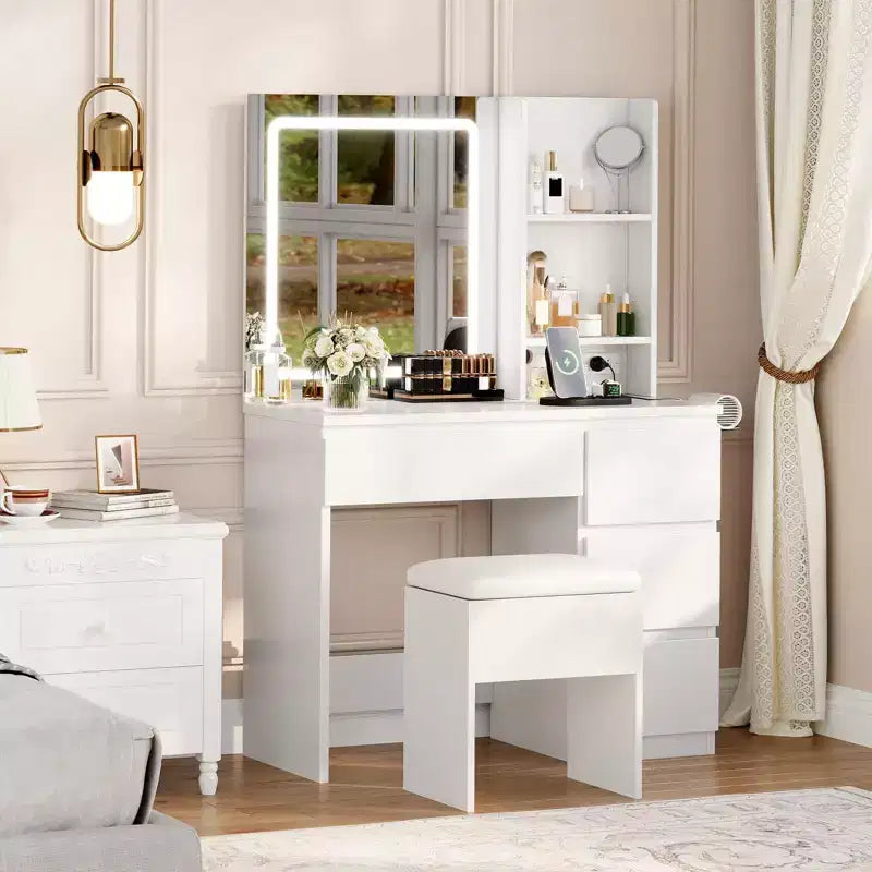 Vanity Desk with Mirror and Lights - Modern Makeup Dressing Table with Outlets, Storage Stool, LED Vanity Mirror, Vanities for Bedroom
