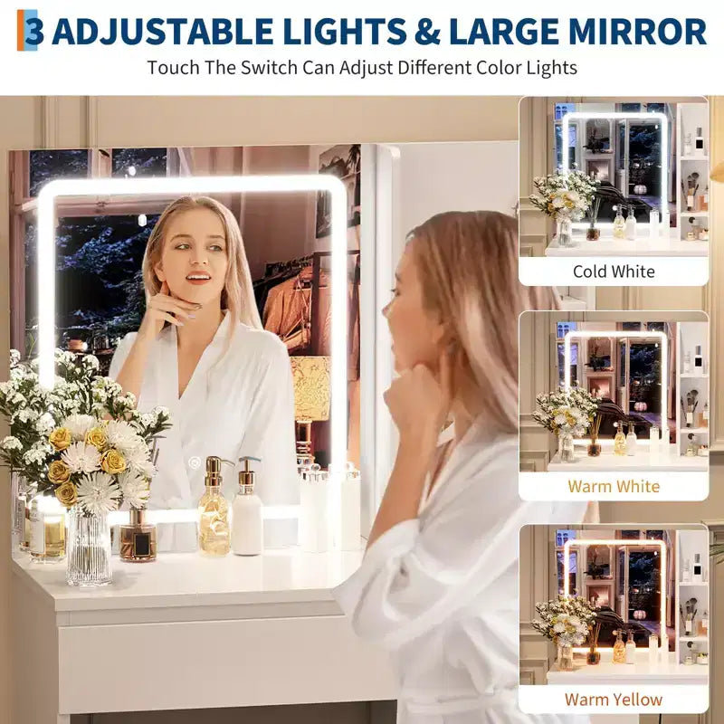 Vanity Desk with Mirror and Lights - Modern Makeup Dressing Table with Outlets, Storage Stool, LED Vanity Mirror, Vanities for Bedroom