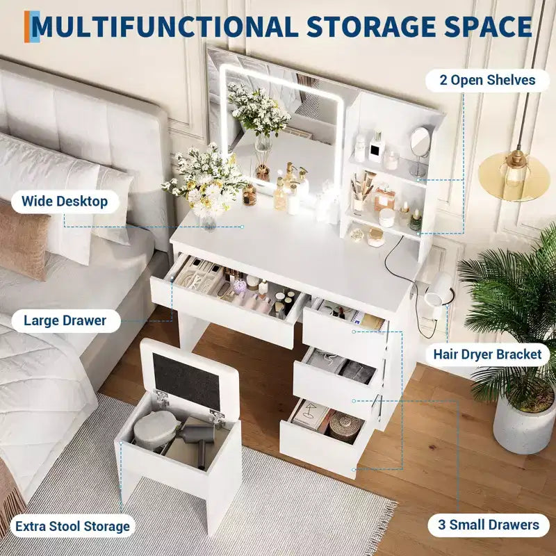 Vanity Desk with Mirror and Lights - Modern Makeup Dressing Table with Outlets, Storage Stool, LED Vanity Mirror, Vanities for Bedroom