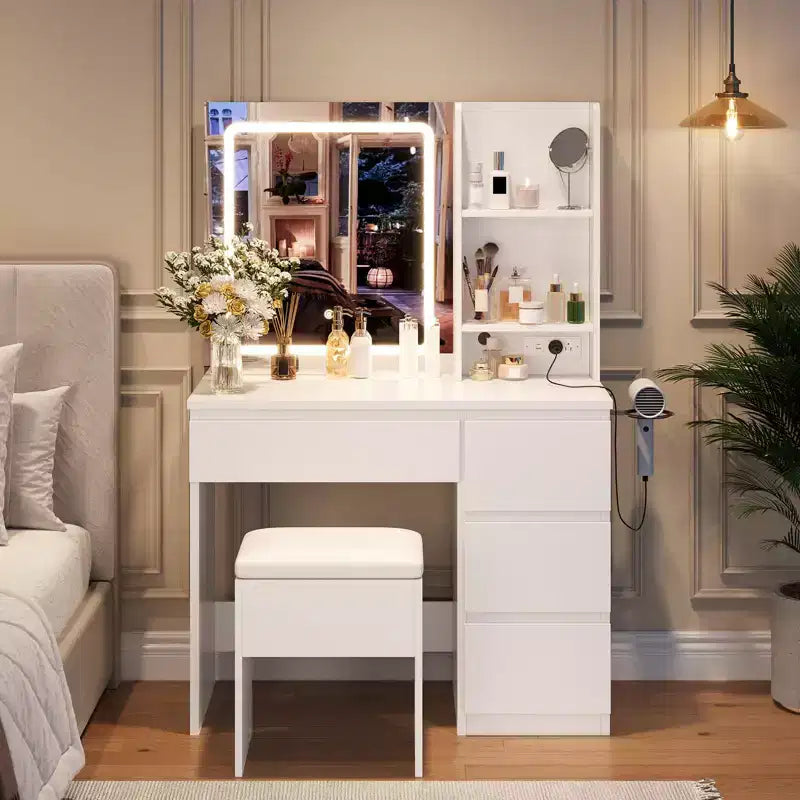 Vanity Desk with Mirror and Lights - Modern Makeup Dressing Table with Outlets, Storage Stool, LED Vanity Mirror, Vanities for Bedroom