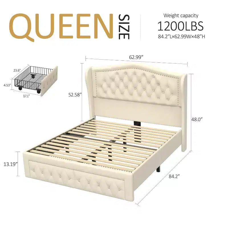 Queen Size Bed Frame with 2 Storage Drawers and Wingback Headboard
