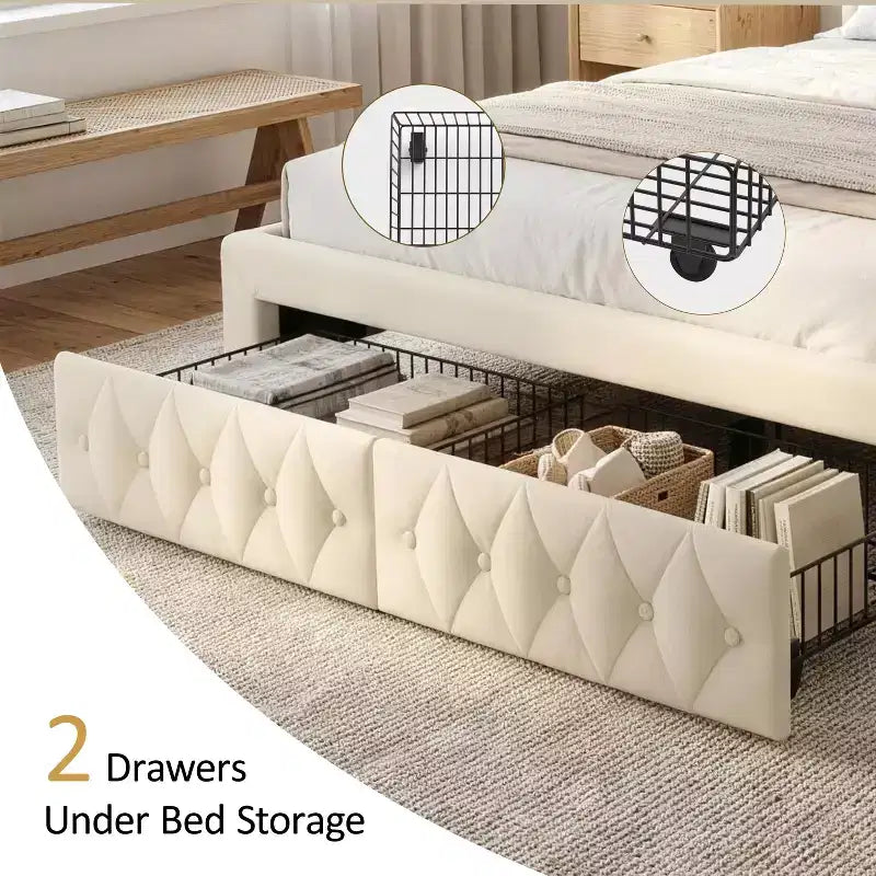 Queen Size Bed Frame with 2 Storage Drawers and Wingback Headboard