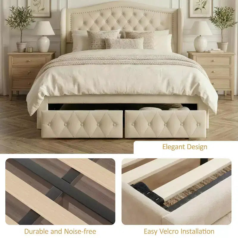 Queen Size Bed Frame with 2 Storage Drawers and Wingback Headboard