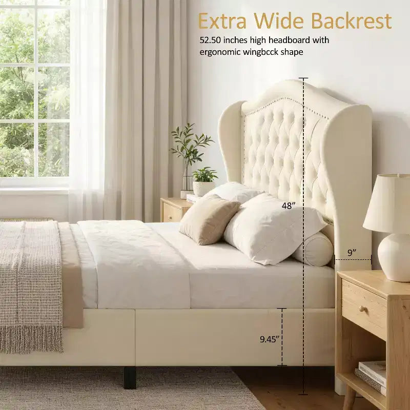 Queen Size Bed Frame with 2 Storage Drawers and Wingback Headboard