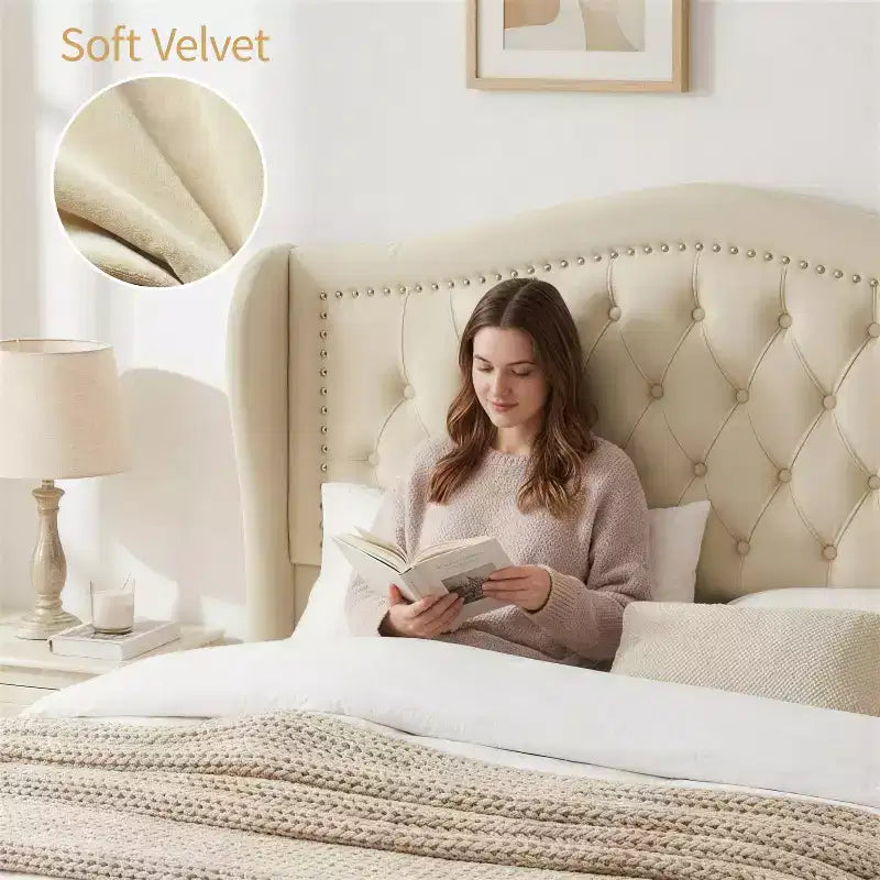 Queen Size Bed Frame with 2 Storage Drawers and Wingback Headboard