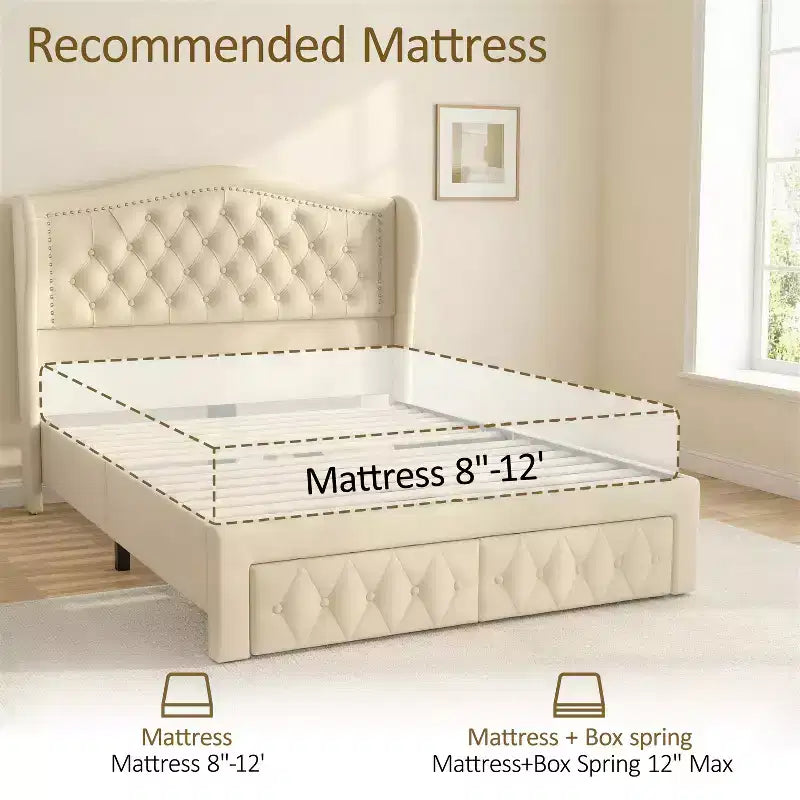 Queen Size Bed Frame with 2 Storage Drawers and Wingback Headboard