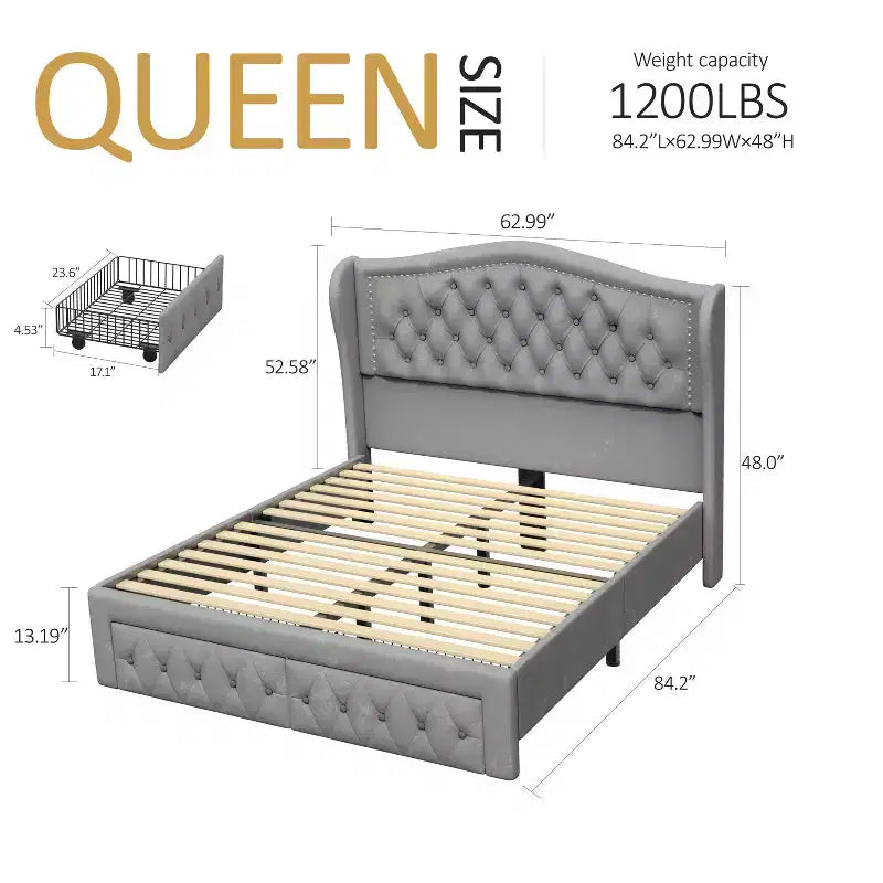 Queen Size Bed Frame with 2 Storage Drawers and Wingback Headboard