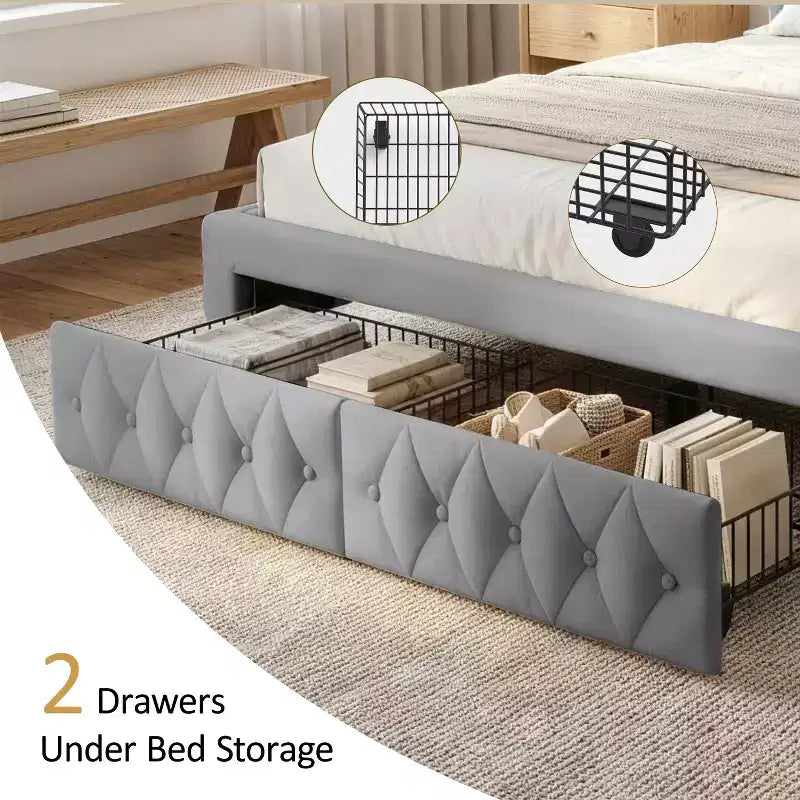 Queen Size Bed Frame with 2 Storage Drawers and Wingback Headboard