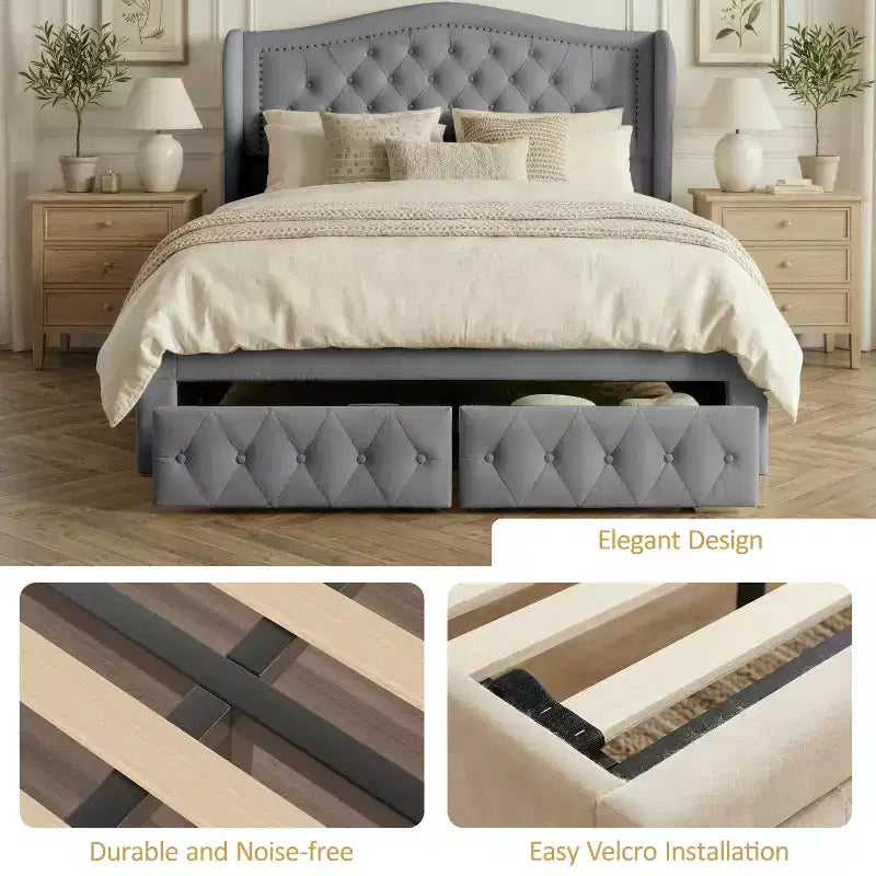 Queen Size Bed Frame with 2 Storage Drawers and Wingback Headboard