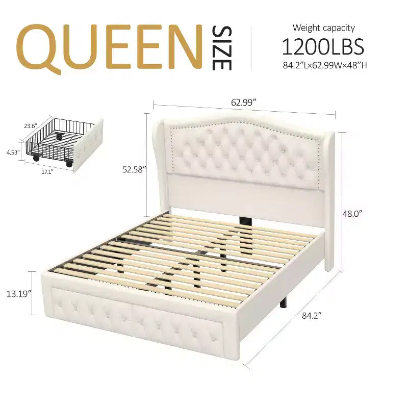 Queen Size Bed Frame with 2 Storage Drawers and Wingback Headboard
