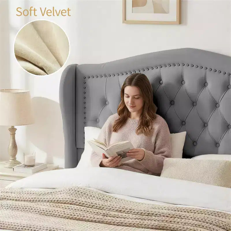 Queen Size Bed Frame with 2 Storage Drawers and Wingback Headboard