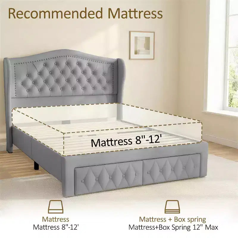 Queen Size Bed Frame with 2 Storage Drawers and Wingback Headboard