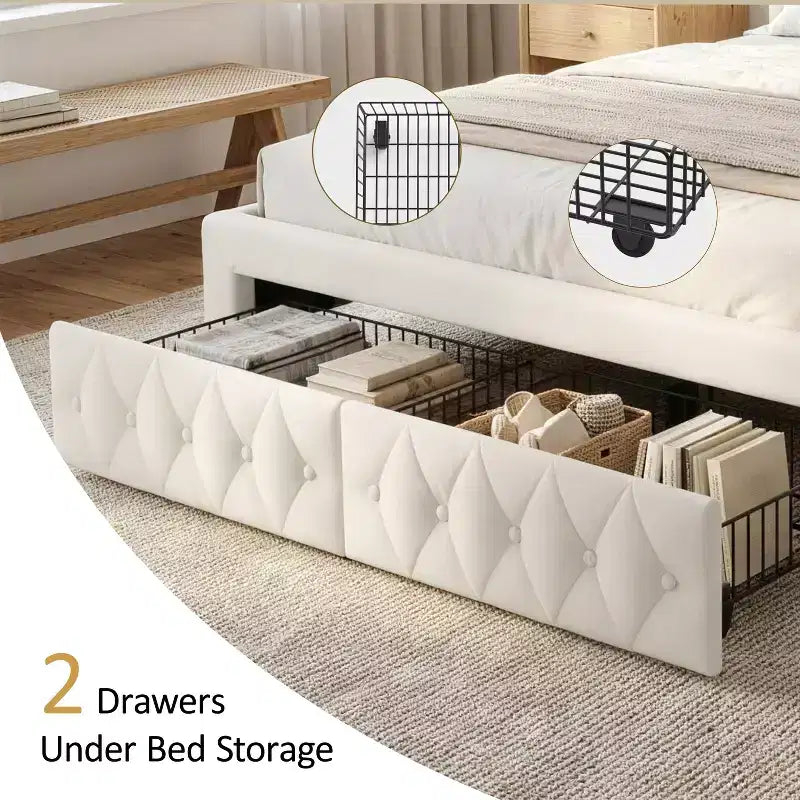 Queen Size Bed Frame with 2 Storage Drawers and Wingback Headboard