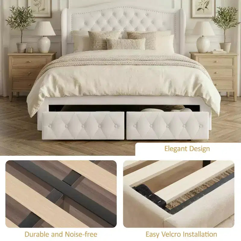 Queen Size Bed Frame with 2 Storage Drawers and Wingback Headboard