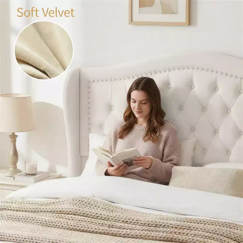 Queen Size Bed Frame with 2 Storage Drawers and Wingback Headboard