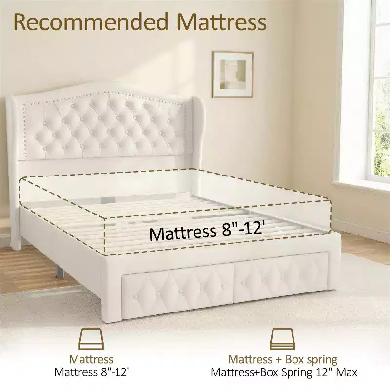 Queen Size Bed Frame with 2 Storage Drawers and Wingback Headboard
