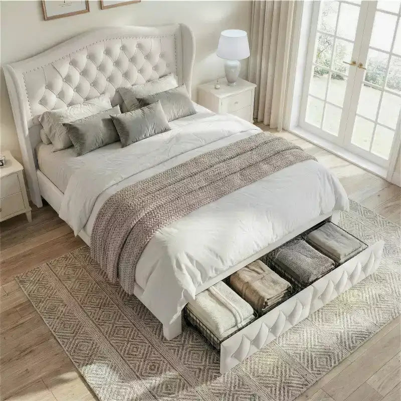 Dyonery Queen Size Bed Frame with 2 Storage Drawers and Wingback Headboard Upholstered Platform Bed Frame with Wooden Slat Support,Easy Assembly