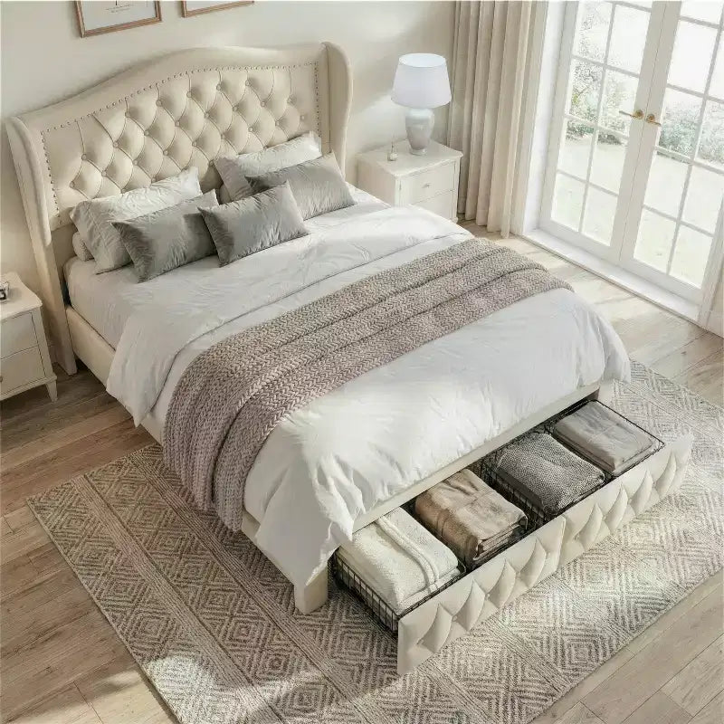 Queen Size Bed Frame with 2 Storage Drawers and Wingback Headboard