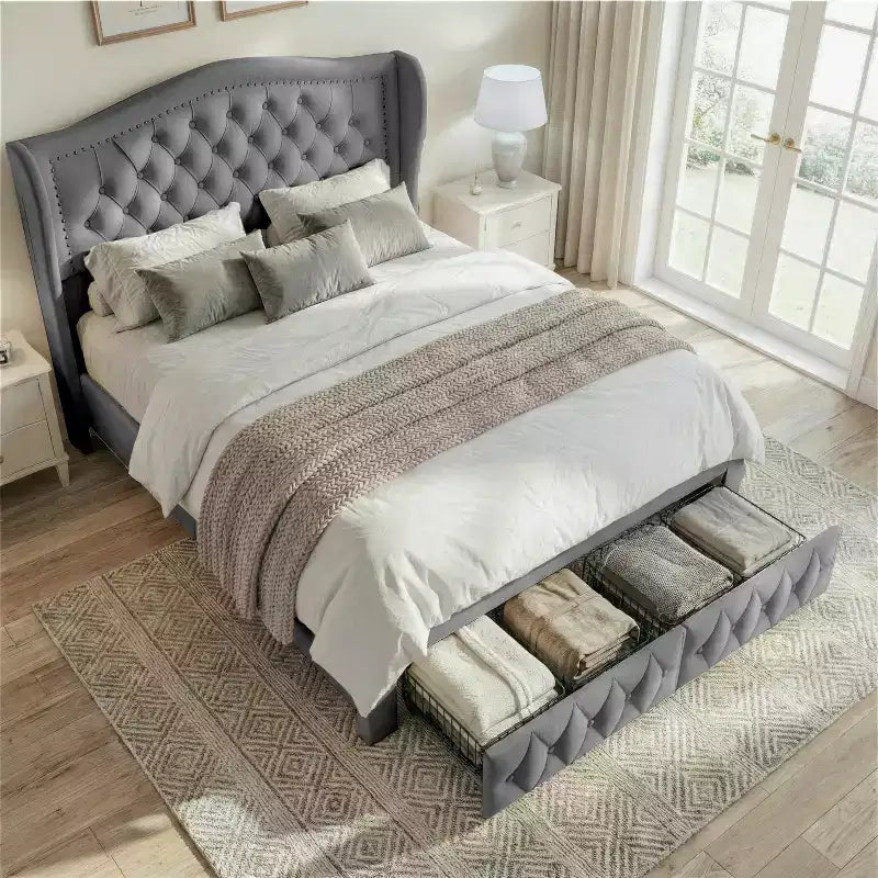 Queen Size Bed Frame with 2 Storage Drawers and Wingback Headboard
