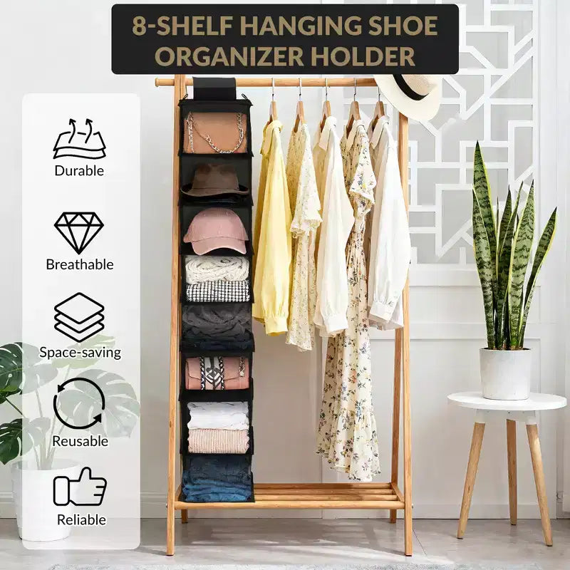 3-Tier Hanging Shoe Organizer for Closet, 8-Shelf Space-Saving Storage with 2 Hooks