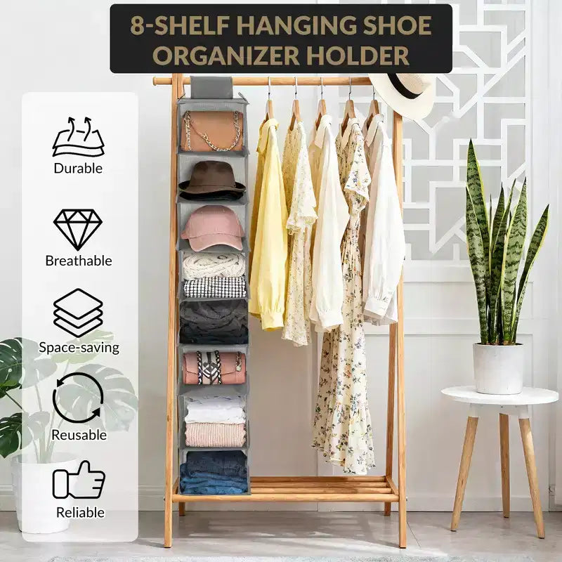 3-Tier Hanging Shoe Organizer for Closet, 8-Shelf Space-Saving Storage with 2 Hooks