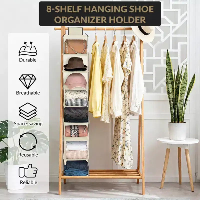 3-Tier Hanging Shoe Organizer for Closet, 8-Shelf Space-Saving Storage with 2 Hooks