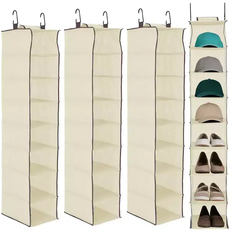 3-Tier Hanging Shoe Organizer for Closet, 8-Shelf Storage Holder with 2 Hooks, No Tools Needed Installation, Space-Saving Shelf for Shoes, Purses
