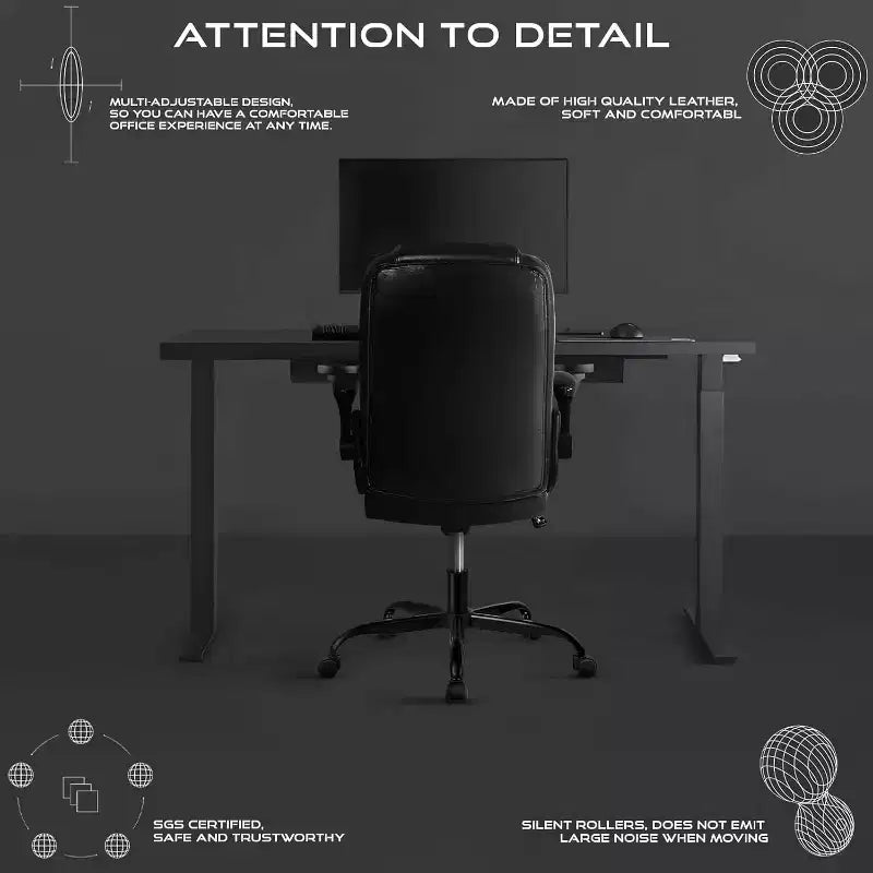 Office Chair with Flip-up Armrests Leather Executive High Back Lumbar Support Heavy Duty