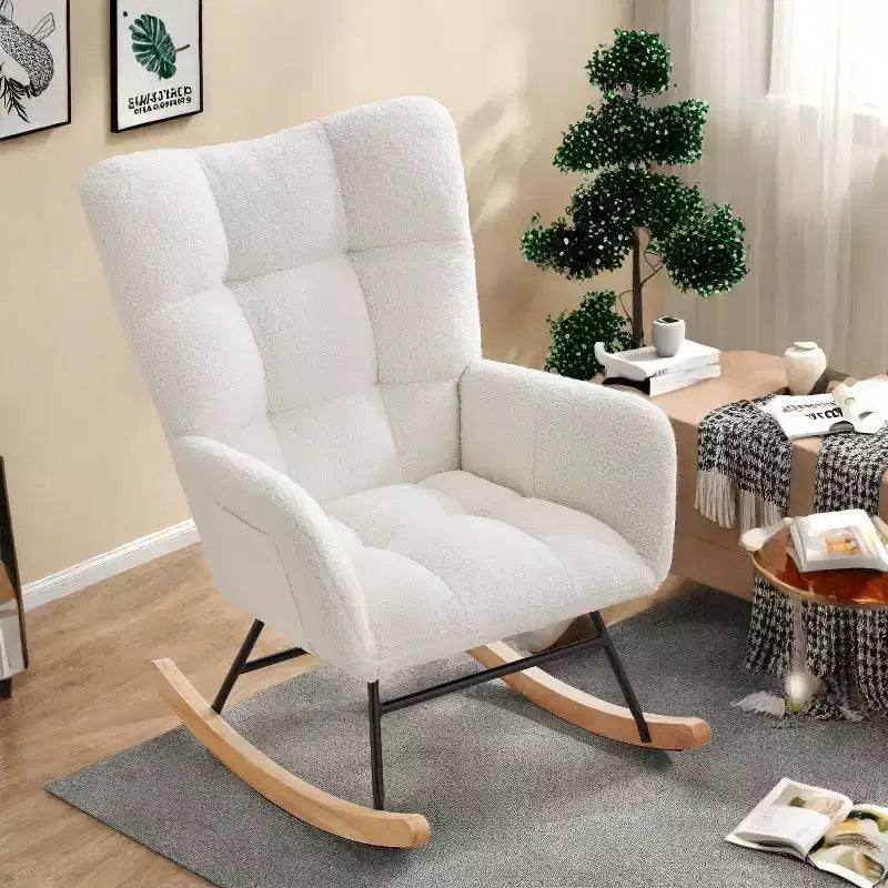 Rocking Chair Nursery High Backrest, Armrest and Side Pockets, Modern Comfy Accent Armchair Reading Chair for Bedroom, Living Room