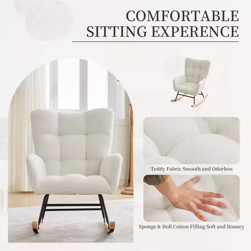Nursery Rocking Chair with High Backrest, Armrests and Side Pocket