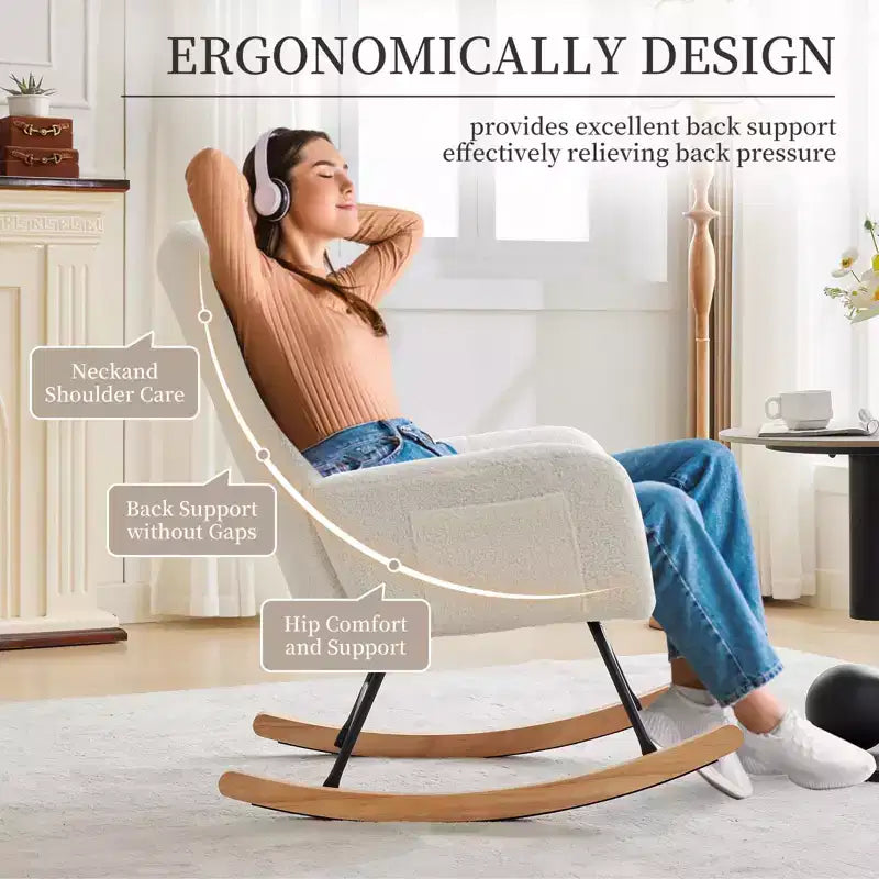 Nursery Rocking Chair with High Backrest, Armrests and Side Pocket