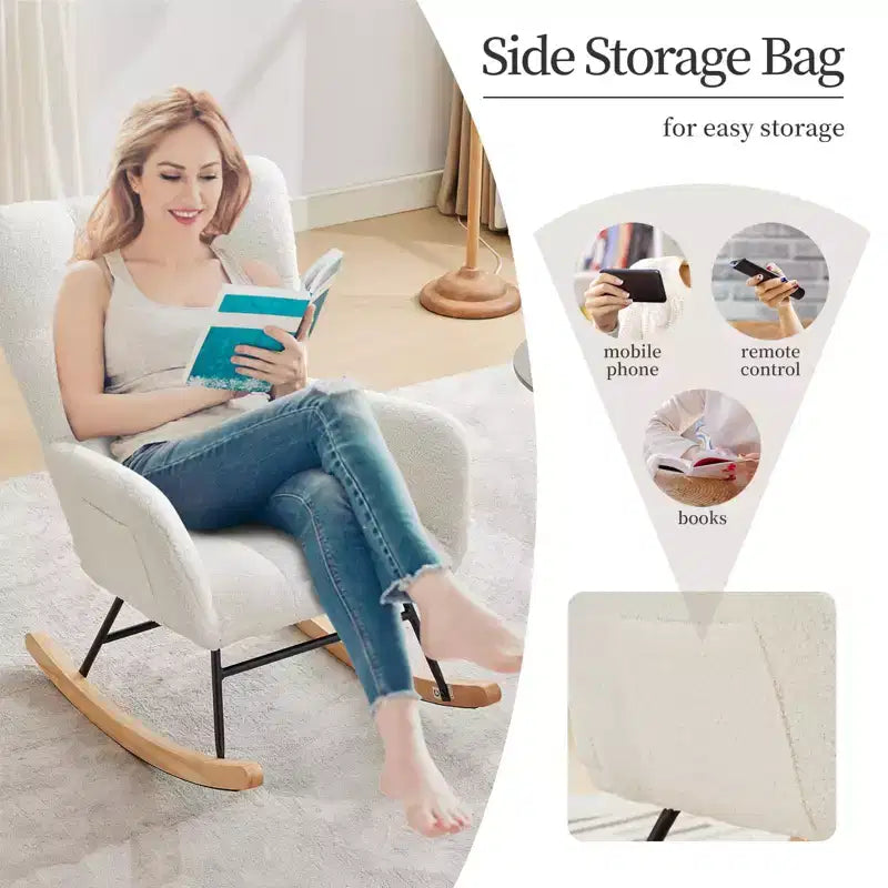 Nursery Rocking Chair with High Backrest, Armrests and Side Pocket