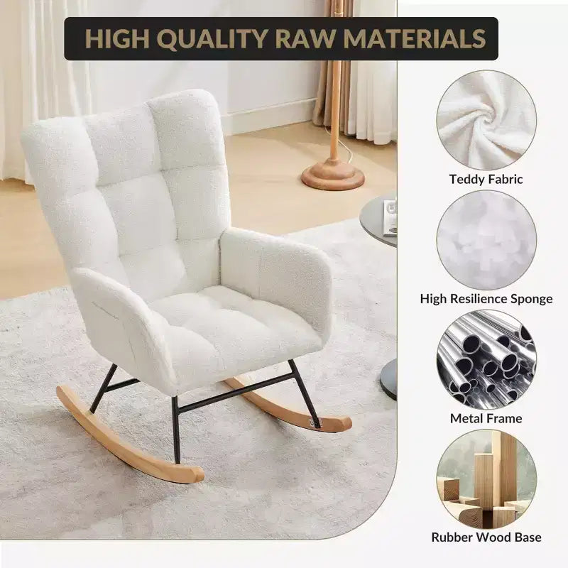 Nursery Rocking Chair with High Backrest, Armrests and Side Pocket
